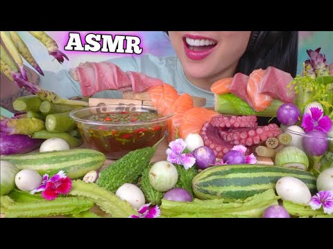 ASMR RAW VEGGIE + SALMON HAMACHI  SASHIMI + THAI SPICY SAUCE (EATING SOUNDS) NO TALKING | SAS-ASMR