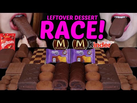 ASMR LEFTOVER DESSERT RACE! KINDER CHOCOLATE CAKES, MILKA CHOCO COW, MALTESERS, MINI DOVE, MAGNUM