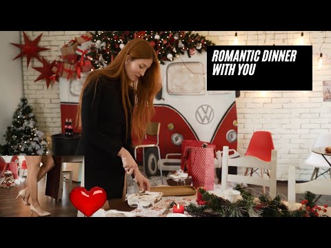 Romantic Dinner with you in Tan Pantyhose, Black Mini Dress and High Heels. ASMR