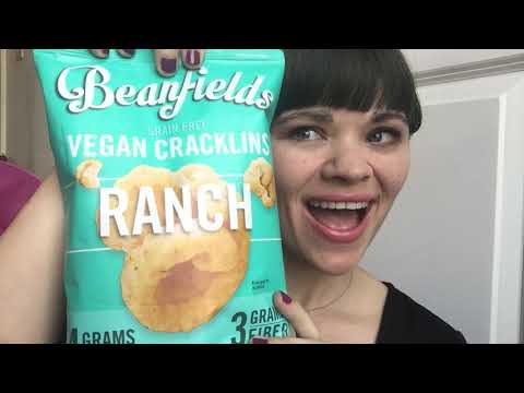 ASMR Vegan Girl Tries a new snack! Cracklings Ranch Puffs open chew crunch satisfying mouth sounds