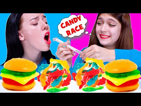 ASMR Candy Race with Gummy Eyeballs, Jelly Straws, Gummy Burgers