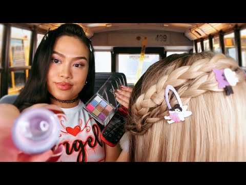 ASMR Y2K BFF is Hair Styling + Doing Your Makeup on School Bus| Hair Braiding Gum Chewing Layered RP