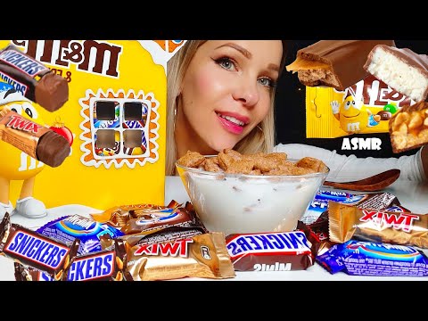 [ASMR] EATING CHOCOLATE CANDY BARS (M&M's, TWIX, SNICKERS, Milky Way) & MILK / Eating Sounds