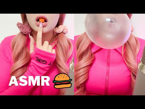 ASMR Bubble Gum Chewing & Blowing BIG Bubbles with BURGER SHAPED BUBBLE GUM (no talking)