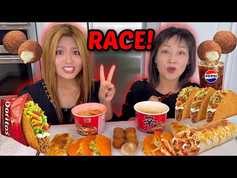 CHEESY BURRITO & SPICY RAMEN RACE EATING COMPETITION!