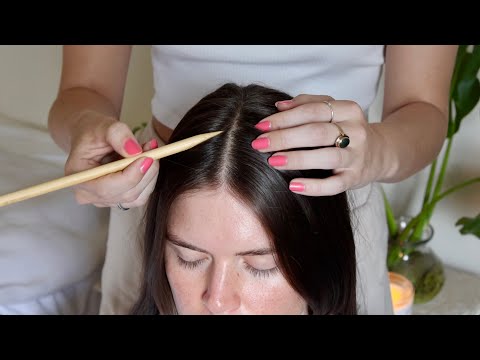 ASMR | Close-up scalp triggers ~ scalp check, scalp scratching, hair parting, wooden tools (whisper)