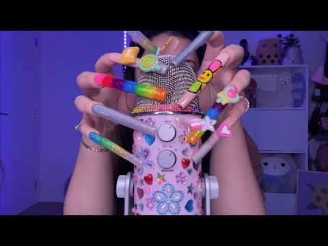 ASMR mic scratching with REALLY LONG NAILS 💚🌈💖 ~with foam cover and no cover~ | Minimal Whispers
