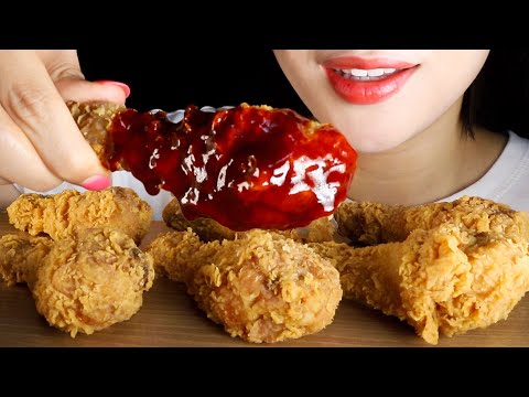ASMR BBQ Golden Olive Fried Chicken with Fire Sauce | Eating Sounds Mukbang
