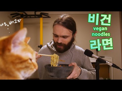 ASMR Korean vegan noodles mukbang + my cat (Cooking & Eating sounds)
