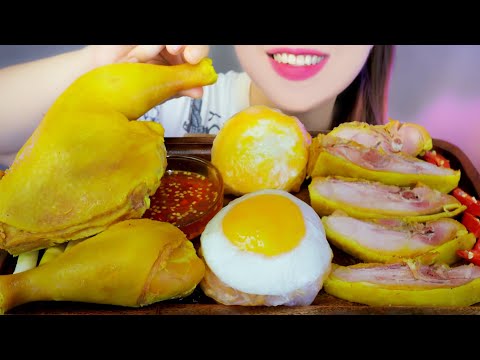 ASMR SALT STEAMED CHICKEN THIGHS AND NOODLES WRAPS WITH FRIED EGGS, EATING SOUNDS | LINH-ASMR