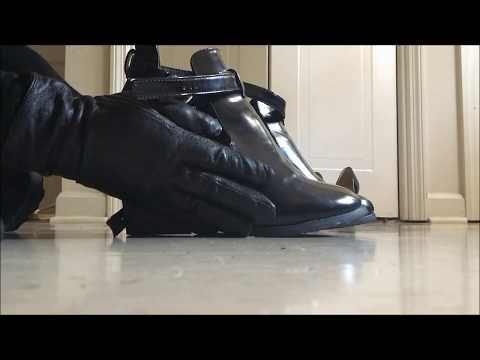 .::ASMR::. Leather gloves examine a pair of rubber booties