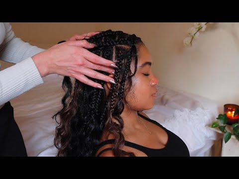 ASMR scalp and braid oiling on Alex (whisper, real person)