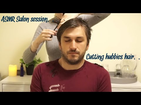 ASMR Cutting my husband's hair | spraying and cutting sounds & Scalp massage