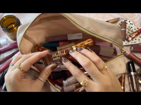 ASMR massive lipstick/lipgloss declutter ~ tapping, lid sounds, close whispering [1 HOUR]