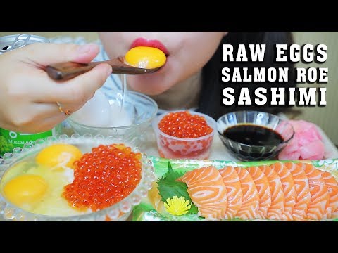 ASMR RAW EGGS WITH COOKED RICE + SALMON ROE AND SALMON SASHIMI , EATING SOUNDS | LINH-ASMR