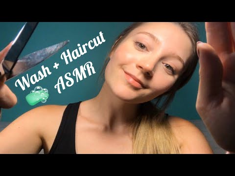 ASMR Wash + Haircut ( Personal Attention, Shampoo Sounds, Scissors, Hand Movements)