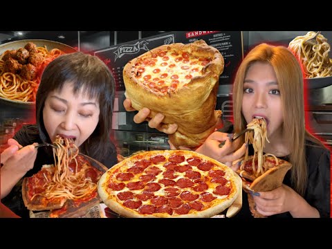 EATING GIANT PEPPERONI PIZZA CONES FILLED WITH ALFREDO PASTA!