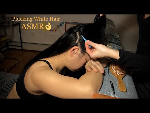 ASMR Scalp Check: White Hair Plucking Timeeeee!!! 👌 Tweezing + WOODEN COMB TlNGLES!!