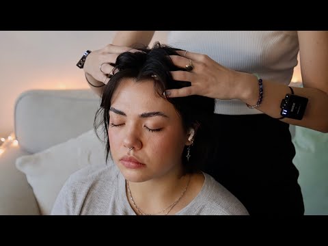 ASMR | Head Massage, Scratches, Hair Parting, Brushing, Adding Clips (Whisper, Real Person ASMR)