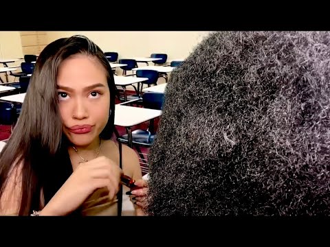 ASMR Nice Gossip Girl in Back of Class Plays With Your Hair + Does Your MAKEUP | gum chewing - afro