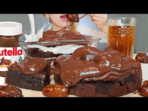 ASMR CHOCOLATE & NUTELLA FLAN, FUDGE, CHOCOLATE CAKE with MILK | MUKBANG (Eating Show)