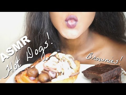 🌱ASMR Eating: Vegan Hot Dogs and Vegan Brownies | Big Bites | Whispers |  ホットドッグの音を食べる