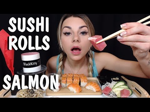 АСМР Суши Роллы 🍣🥢 Звуки еды 👄🍱 ASMR Mukbang SUSHI ROLLS SALMON Let's Eat 땅 寿司