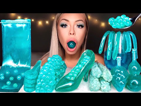 MOST POPULAR FOOD FOR ASMR *CLEAR TEAL FOOD* CINDERELLA GLASS SLIPPER, SHEET JELLY, SPOON MUKBANG 먹방