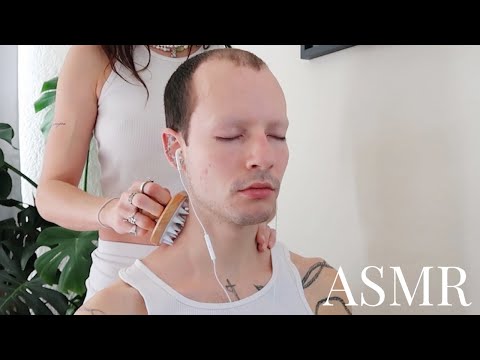 ASMR ultimate head massage and upper body tingles on Cameron (crisp, soft whisper, head scrub)