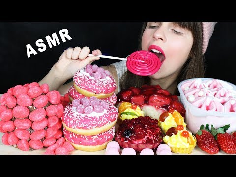 ASMR PINK FOOD JELLY CAKE, DONUTS, TARTS, GUMMY & MERINGUE ICE CREAM (Eating Sounds) MUKBANG 먹방