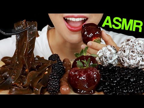 ASMR BLACK FOOD (NOODLES, CANDIED FRUITS, TAPIOCA PEARLS, CEREAL MARSHMALLOW) Eating Sounds