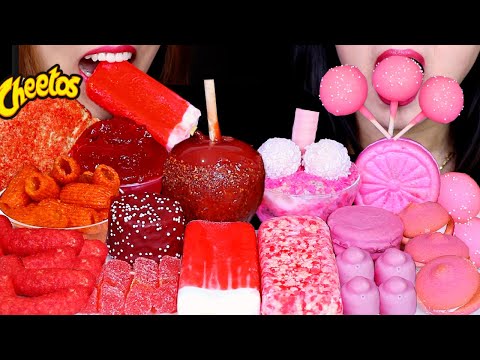 ASMR PINK + RED DESSERTS (CAKE POPS, ICE CREAM, STRAWBERRY JELLY, GUMMY CANDY, FLAMIN HOT CHEETOS 먹방