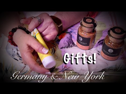 ASMR Opening Gifts from Germany & NY (whispered only) Newspaper, gift wrap, rain & Nature sounds