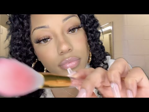ASMR Doing Your Makeup(in the girls bathroom)(mean friend, layered sounds)