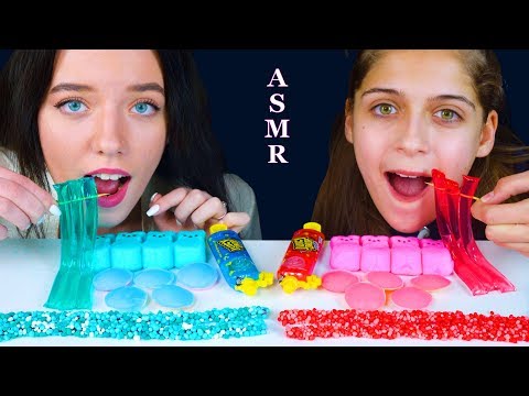 ASMR PINK FOOD VS BLUE FOOD (NERDS ROPE, JELLY NOODLES, UFO WAFERS, PEEPS, JUICY DROP POP) 먹방