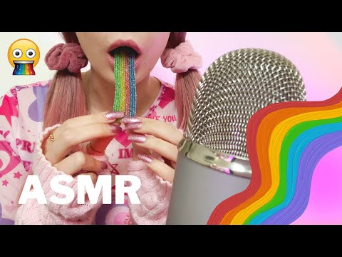 ASMR Chewing Rainbow Sour Strap Candy 🌈🍭 *loud chewing sounds*
