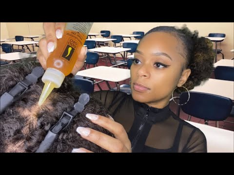 ASMR | 🎒Girl In The Back Of Class Plays With Your Hair + Scalp Oiling | Afro Hair | Spray Sounds 💦