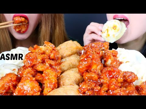 ASMR KOREAN FRIED CHICKEN + MANDU + YUBUCHOBAP 양념 치킨 만두 유부초밥 리얼사운드 먹방 | Kim&Liz ASMR