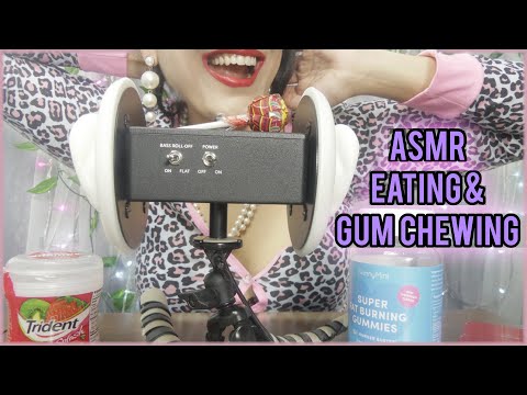 ASMR  Gum Chewing & Eating Lollipop Candy Eating Sounds 3DIO BINAURAL *whispering* EAR To Ear