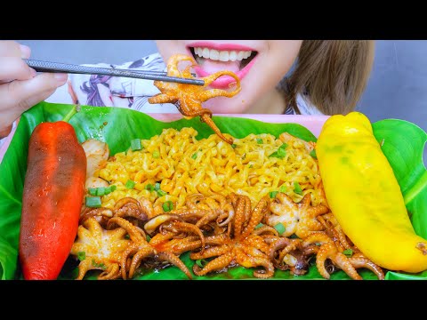 ASMR EATING FIRE NOODLES WITH SPICY OCTOPUS , EATING SOUNDS | LINH-ASMR