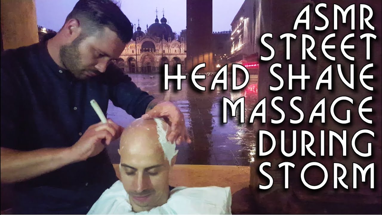 💈 Street Barber Head Shave in Venice with Massage during storm - razor - ASMR no talking 2#