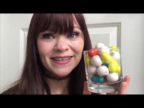 ASMR GUESSING how many gumballs fit in my mouth? how many gumballs are in the glass? satisfying
