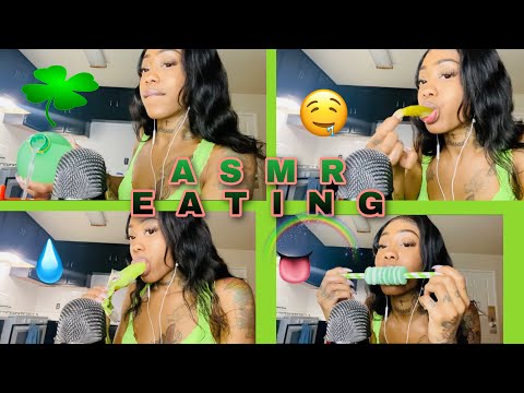 ASMR~ Eating Mouth Sounds 🍀 Green Triggers Soft Whisper [Must Watch Til End]