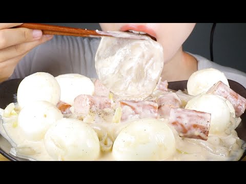 ASMR Creamy Round Glass Noodles with Boiled Eggs and Sausages | Eating Sounds Mukbang
