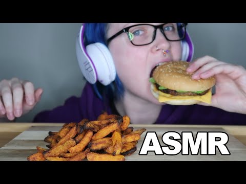 ASMR Cheeseburger & Sweet Potato Fries [Eating Sounds + Whispering] 🍔