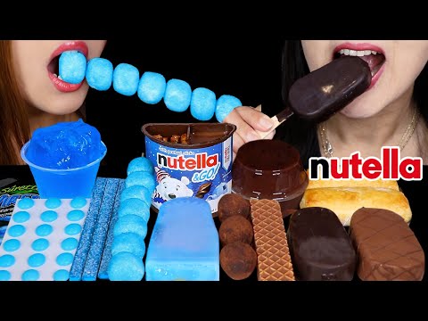 ASMR BLUE CRYSTAL JELLY KABOB, NUTELLA & GO, SOUR ROPES, GIANT CANDY BUTTONS, CHOCOLATE ICE CREAM 먹방