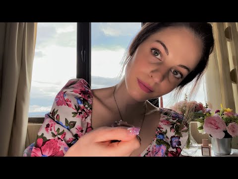 ASMR Slow and Gentle Hand Movements & Face Touching w Meditation Music ~ rhinestone sparkly nails🌺🌼