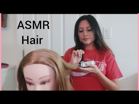 ASMR: Hair dye on mannequin using foils, brushing and hair play (whispered)