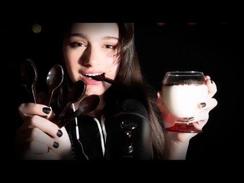 ASMR Eating CHOCOLATE  SPOONS + PUDDING | Hot chocolate drinking