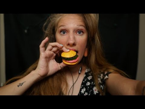ASMR- Eating Krabby Patty Gummies! Eating sounds and sticky sounds